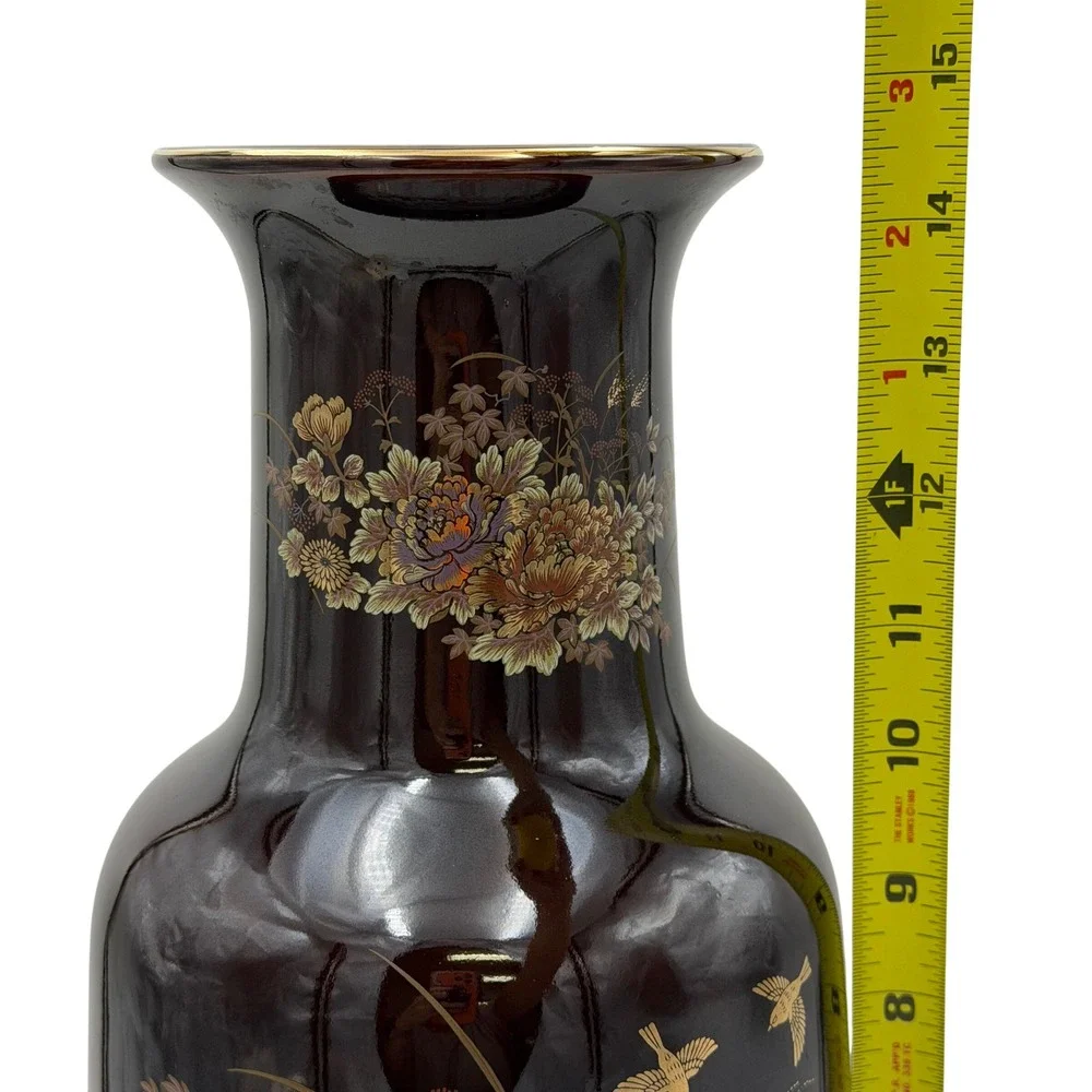 Vtg Japanese Shibata Style Gilded Floral Bird Ceramic Vase Dark Brown Gold 14in